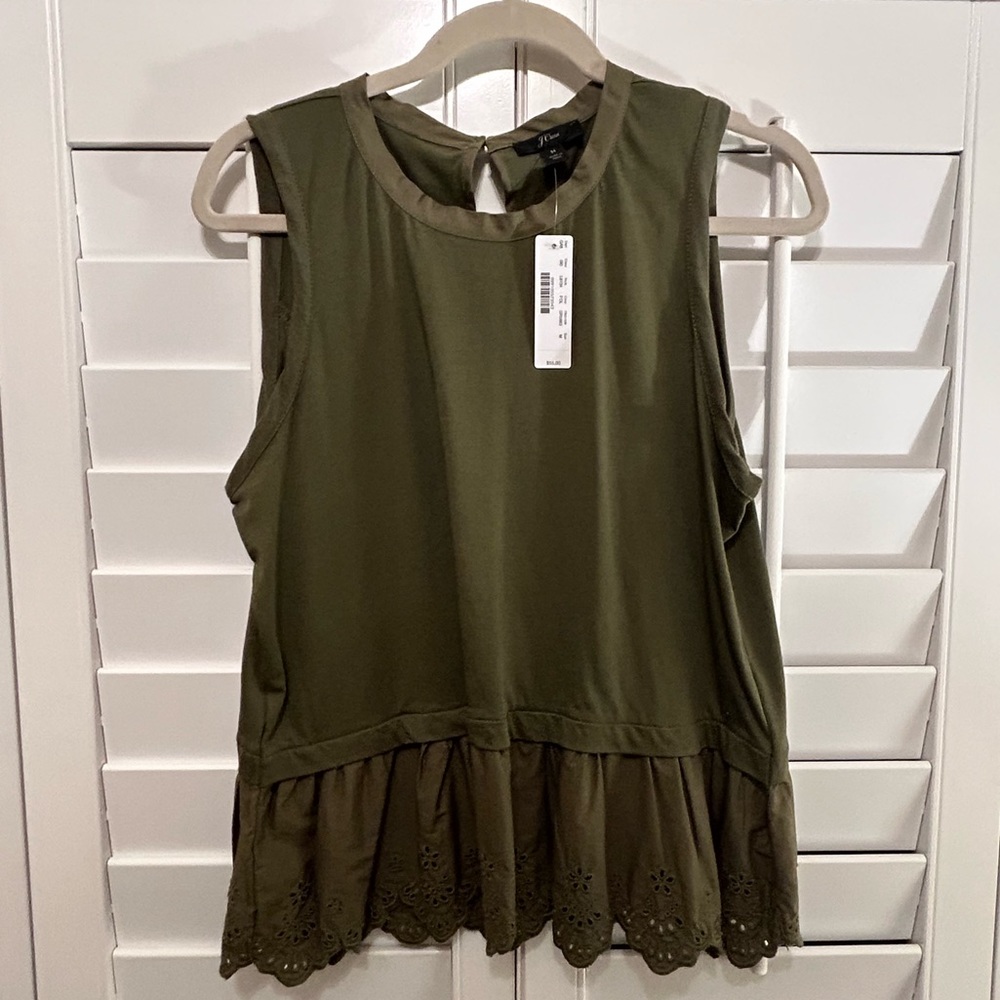 J Crew Eyelet Hem Tank | Olive Green | Medium | Tulip Back